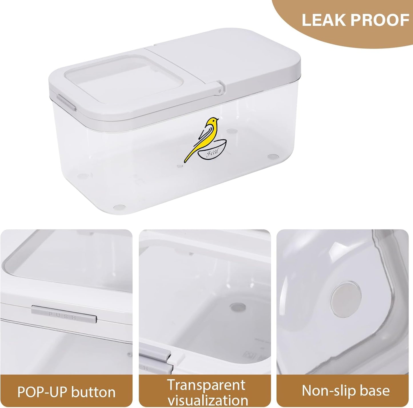 Bird Seed Storage Container, 5.4 Qt/6 L Pet Food Container with Measuring Cup & Stainless Steel Bird Feeder Bowl, Airtight Wild Birds Seed Dispenser, Plastic BPA Free, Clear