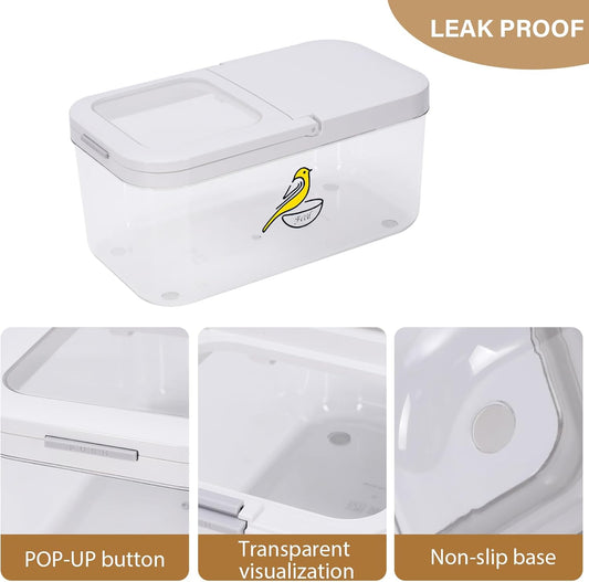 Bird Seed Storage Container, 5.4 Qt/6 L Pet Food Container with Measuring Cup & Stainless Steel Bird Feeder Bowl, Airtight Wild Birds Seed Dispenser, Plastic BPA Free, Clear