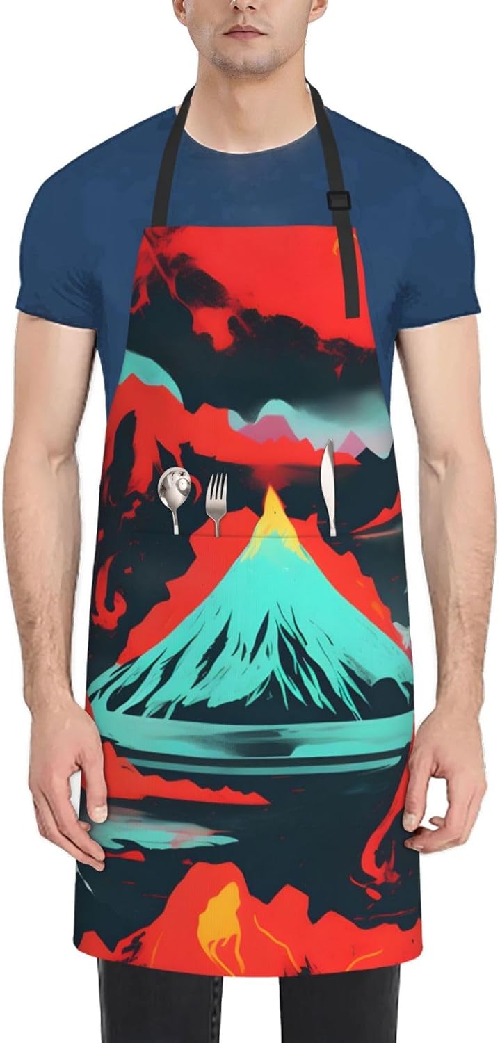 YANYU Volcano Bloom Print 28x33 In Kitchen Apron Stylish Chef Apron with Pockets for Cooking Baking Painting