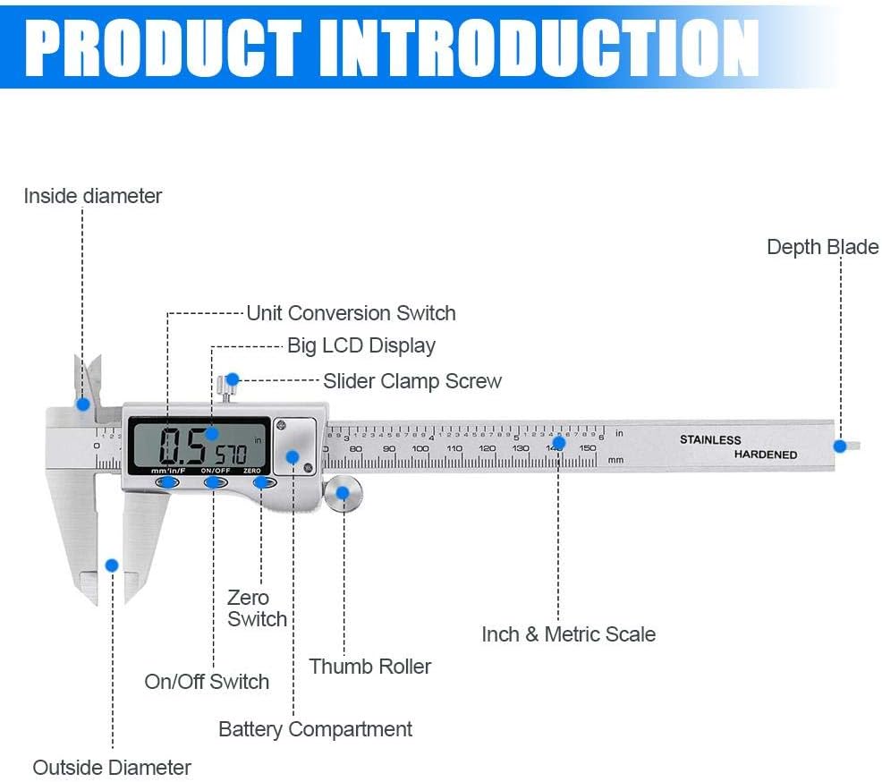 Digital Caliper Measuring Tool, Stainless Steel Vernier Caliper Digita