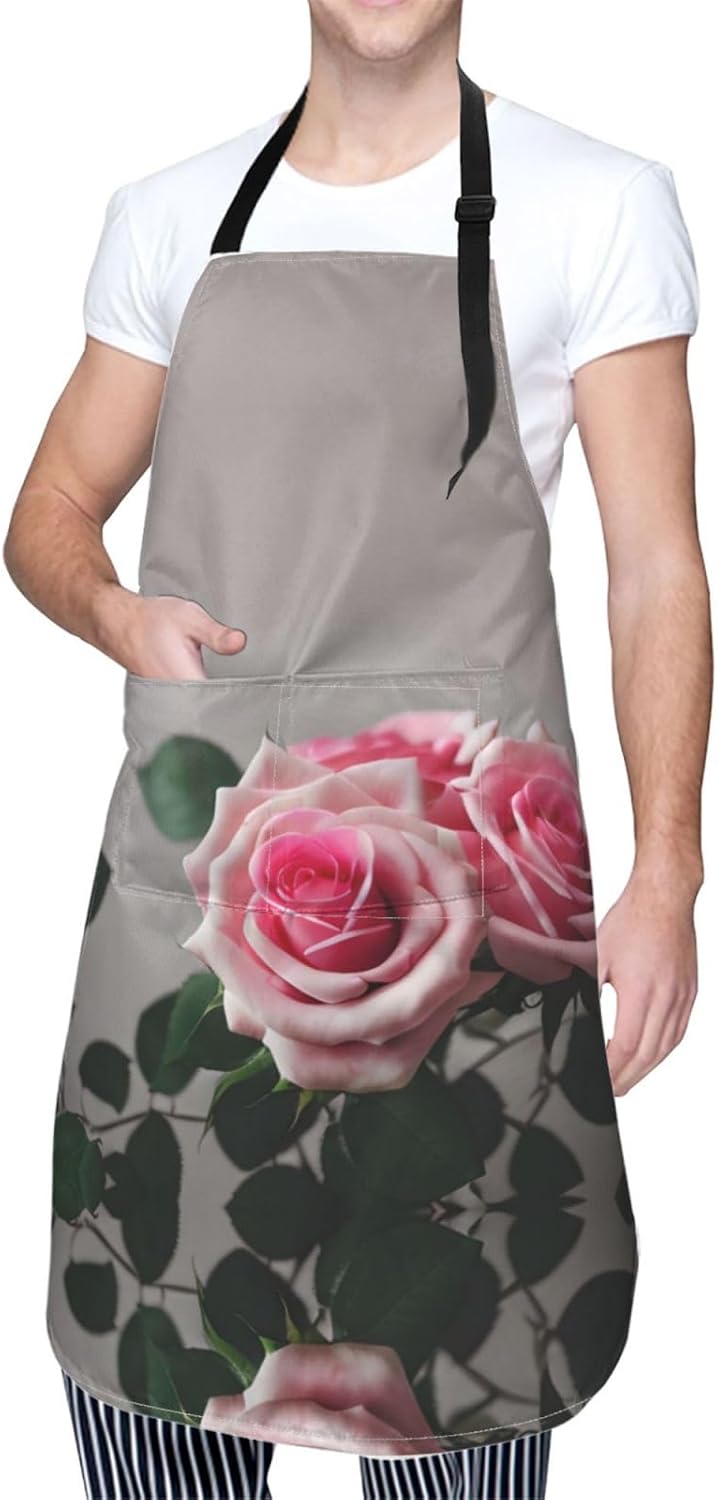 Pink Rose Print Laundry apron 28x33 In Waterproof Kitchen Apron with P