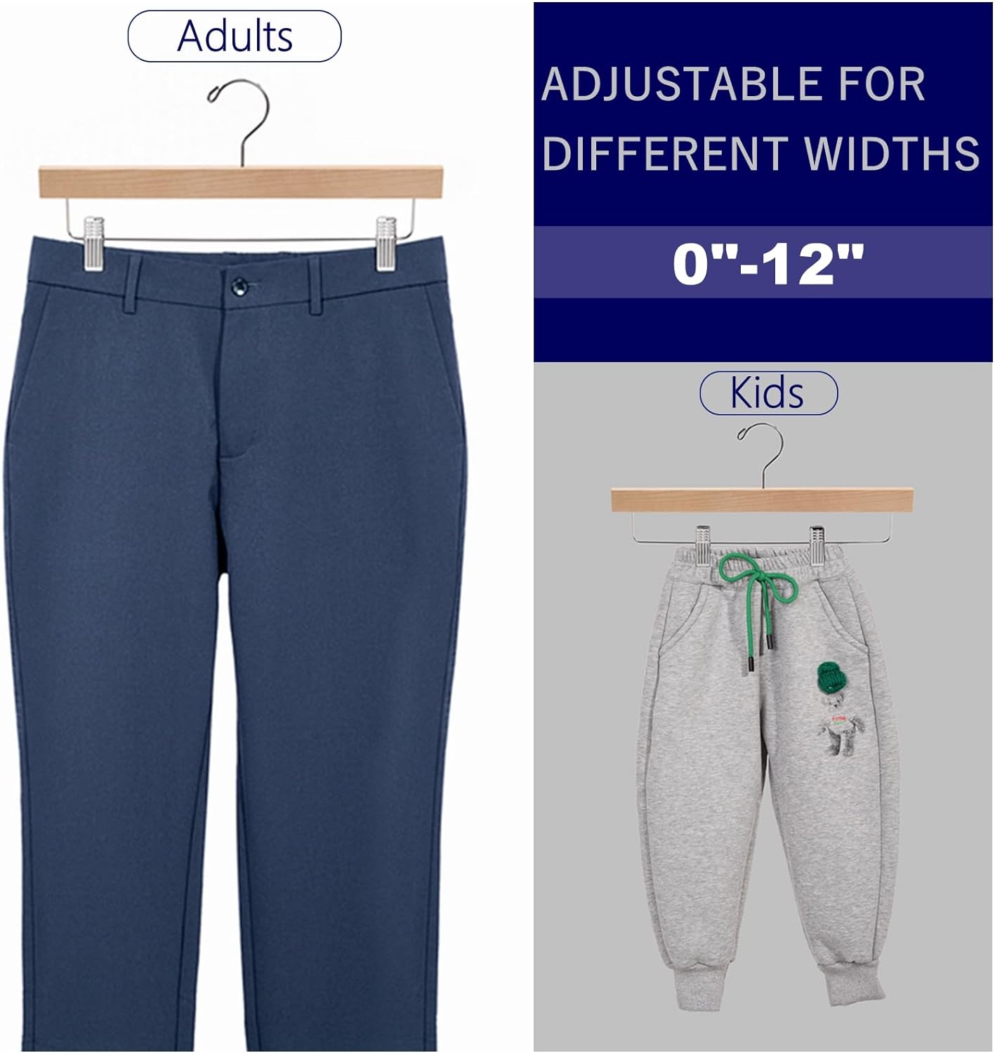 Amber Home 24 Pack Natural Wooden Pants Hangers with Clips, Wood Skirt Hangers Trouser Hangers for Jeans, Slacks, Shorts with 2-Adjustable Clips