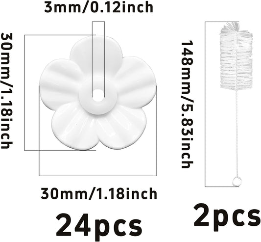 24 PCS Hummingbird Feeder Replacement Flowers with 2 Cleaning Brush, Heavy Duty Plastic Feeding Ports Parts for Outdoor Hanging Bird Feeders (White
