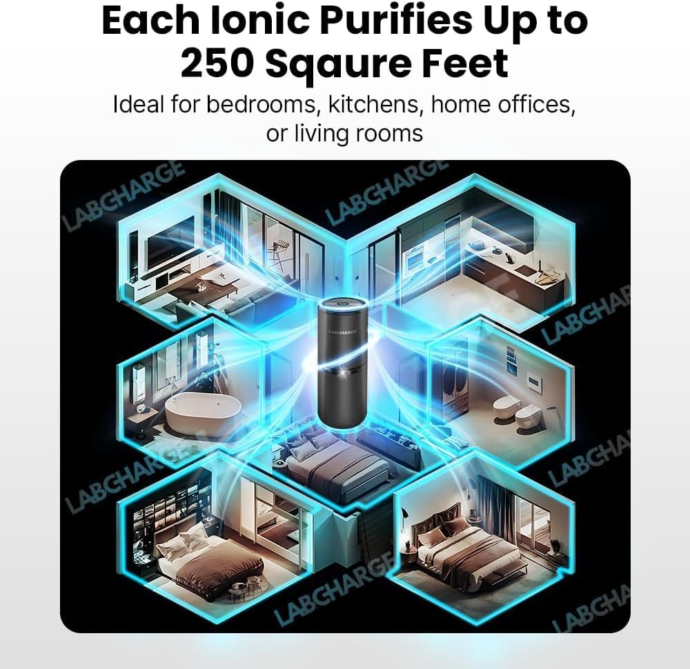 LabCharge Small Ionic Air Purifier for Home & Bedroom – Silent HEPA Filter – Covers 250 Sq Ft - Free Cleaner for Pets, Hair, Smoke, Dust, Odors & Dander – Compact & Black Design - Pack of 5