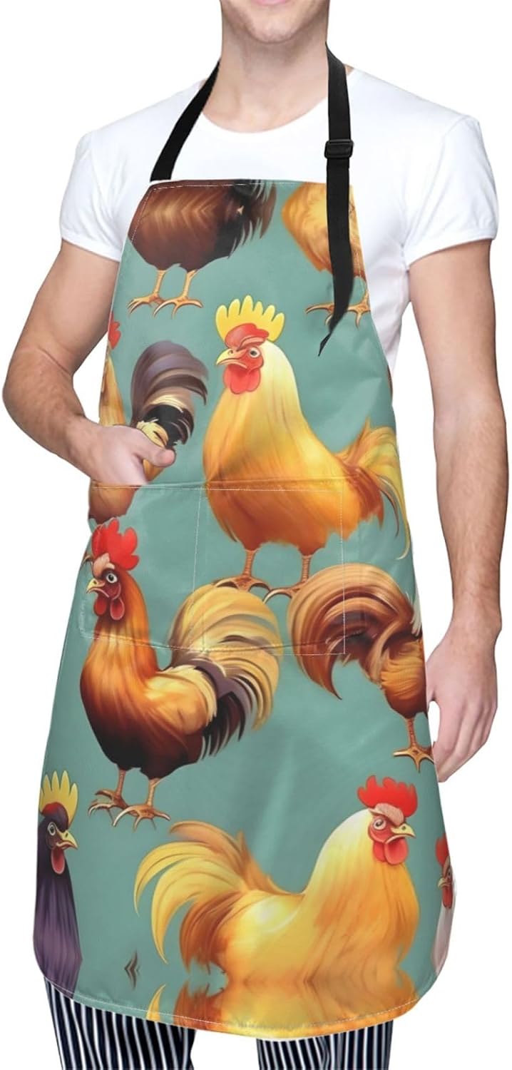 Cute Rooster Chickens Print Laundry apron 28x33 In Waterproof Kitchen Apron with Pockets for Cooking Baking