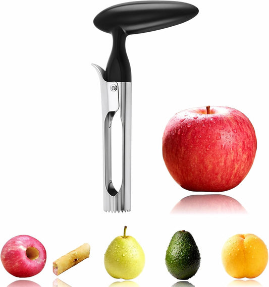 Premium Stainless Steel Apple Corer, Professional Fruit Core Remover Tool with Ergonomic Black Handle, Serrated Blades for Apples, Pears, Peaches, Plums, Easy Use & Clean (Black)