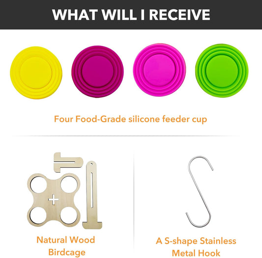 Bird Feeder for Outdoors, Hanging and Standing Bird Feeder, Wooden Feeders, Food and Water Bowls with 4 Food-Grade Silicone Cups, Indoor or Outdoor