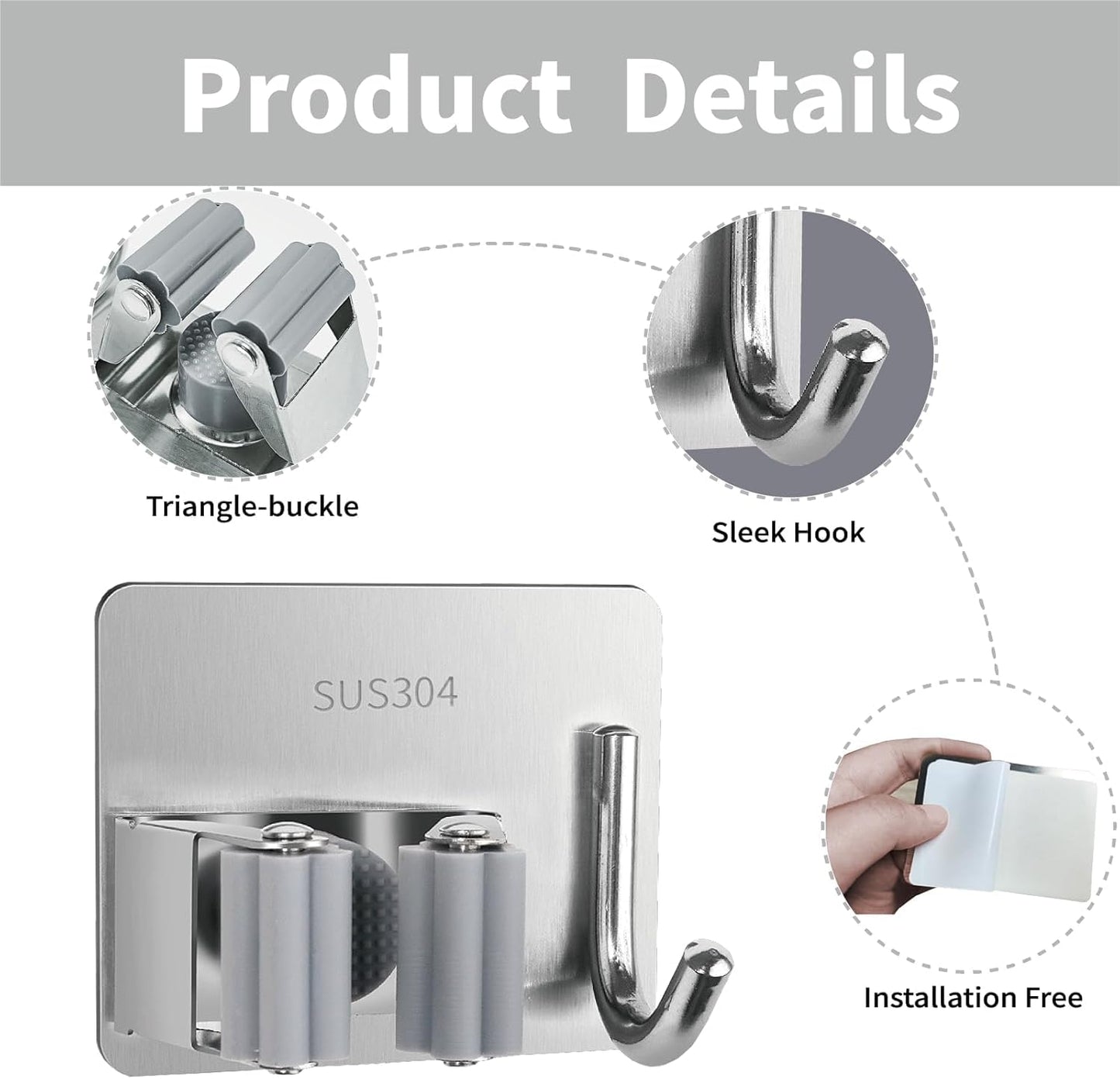 5 Pack Mop and Broom Holder Wall Mount, Silver Stainless Steel Mop and Broom Hanger with Hooks, Mop Broom Organizer for Closet Laundry Garage Garden Tool Organizer (Silver)
