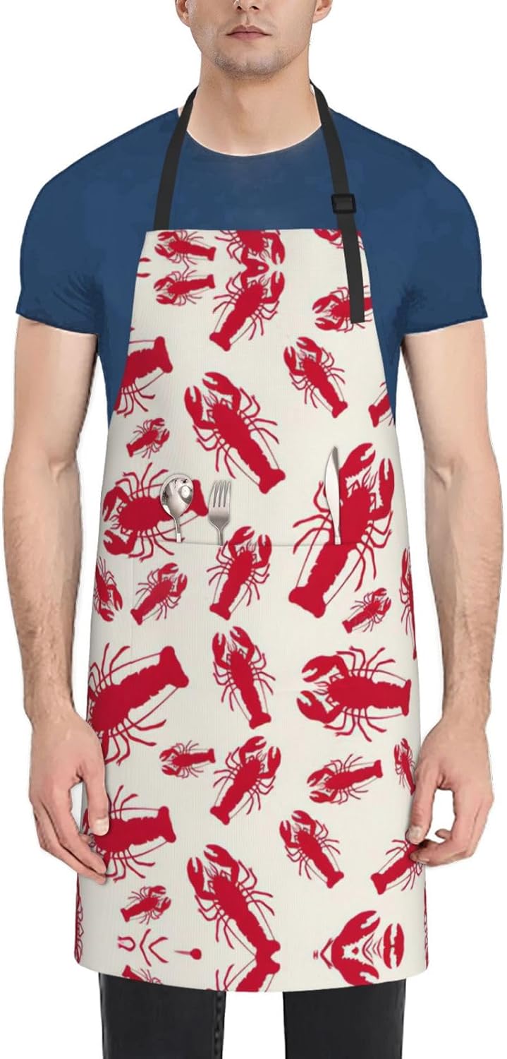 Red Lobster Print 28x33 In Adult Kitchen Apron with Pockets Versatile Chef Smock for Cooking Baking