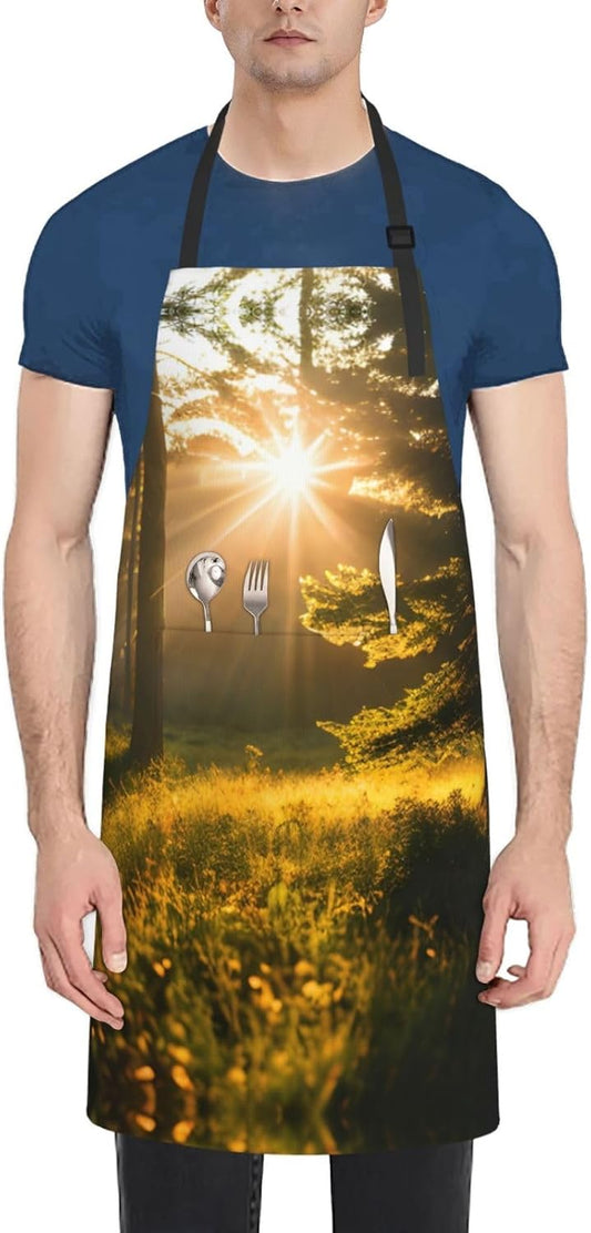 Morning Sunlight in Wilderness print Waterproof chef's apron with pocket apron for kitchen cooking baking barbecue and gardening