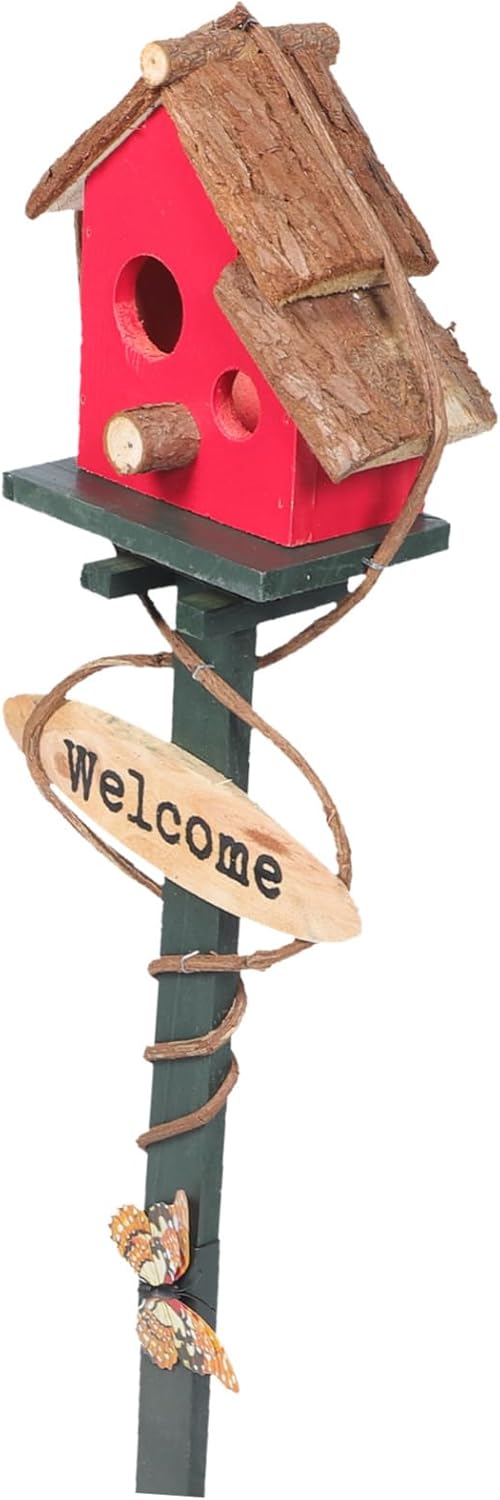 Bird Houses Yard Stake Bird Nest Garden Decorative Sticks Yard Stake Decor Wood Birdhouse with Stake Bird House on Stake Standing Bird Feeder The Bird's Nest Rattan Decorations