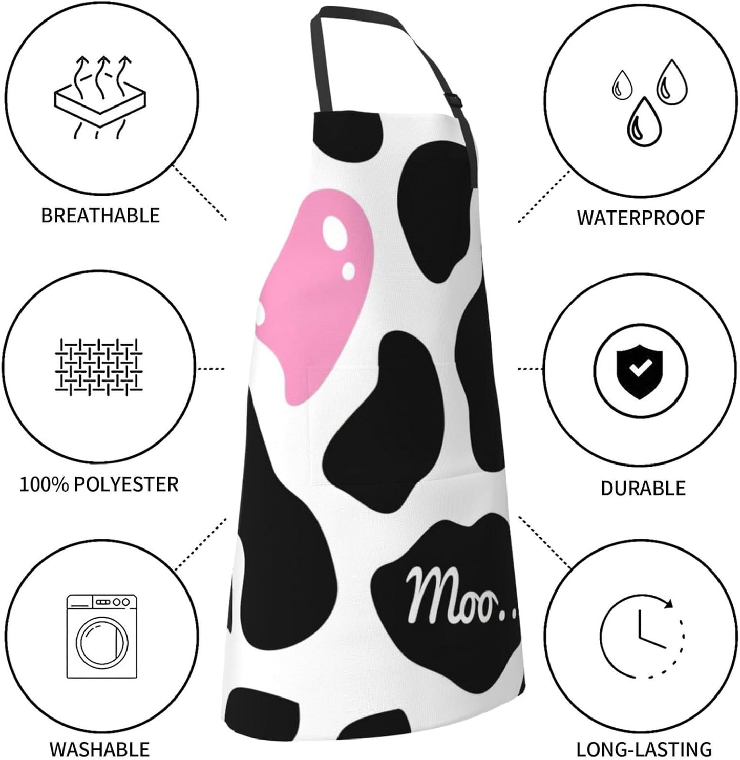 Black White Milk Cow Print 28 x 33in Waterproof Apron with Pockets Fashionable Versatile Smock for Baking