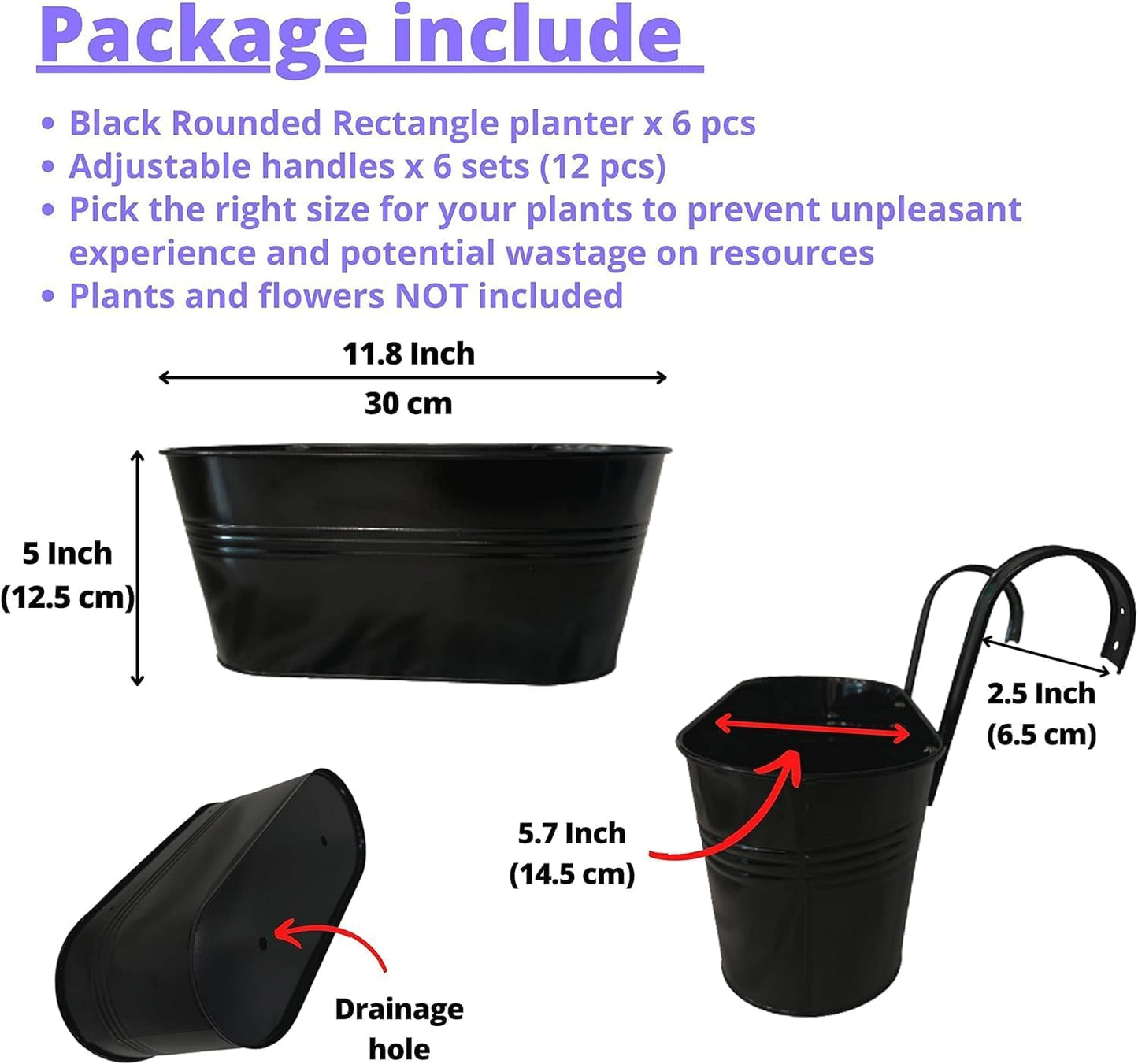 Maxona Metal Iron Hanging Flower Pots, 8 Pack, 11.8 Inch Oval Black Railing Fence Hanging Bucket Pots Countryside Style Window Flower Plant Holder with Detachable Hooks Home Décor