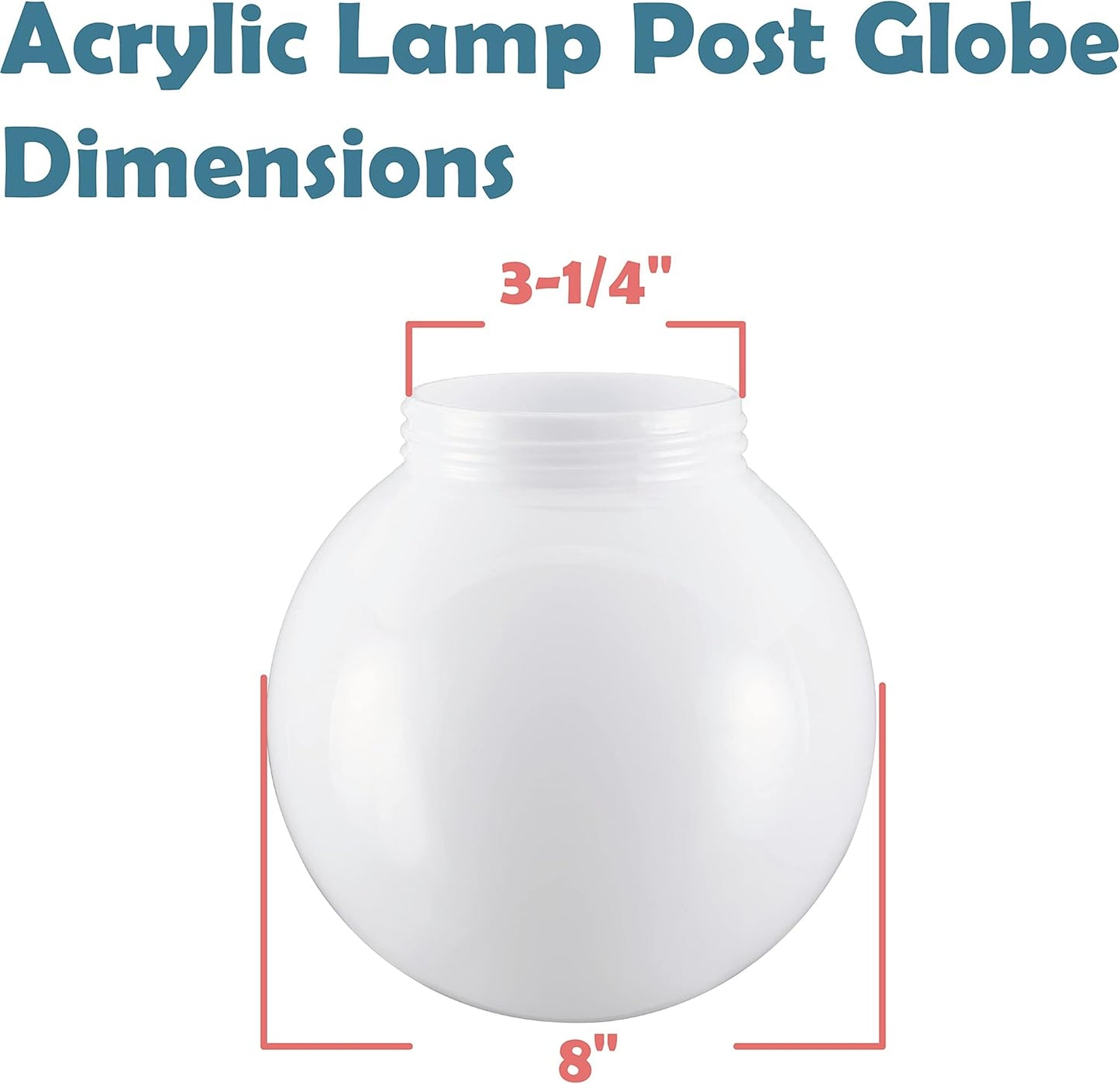 Aspen Creative 28002-21, 8" White Acrylic Replacement Lamp Post Globe with 3-1/4" Threaded Neck
