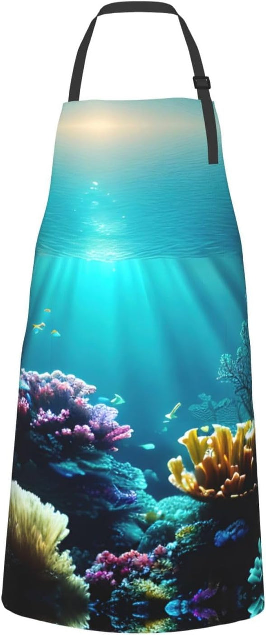 Underwater Scenery print Waterproof apron with pocket adjustable cooking apron for adult kitchen bibs to bake