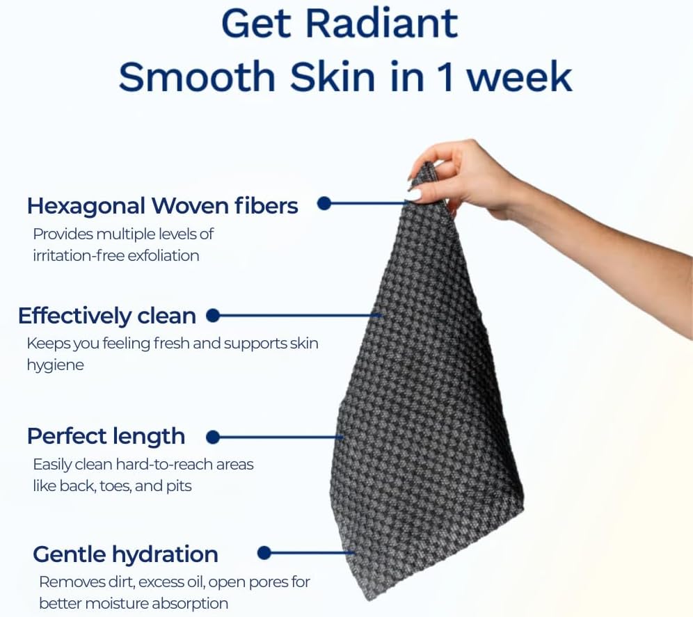 Exfoliating Washcloth Face & Body Scrub Towel - Japanese Exfoliating Towel with Hexagon Fibers, Body Scrubber with 2 Sides for Scrubbing & Washing, Extra Long Body Towels (Black)