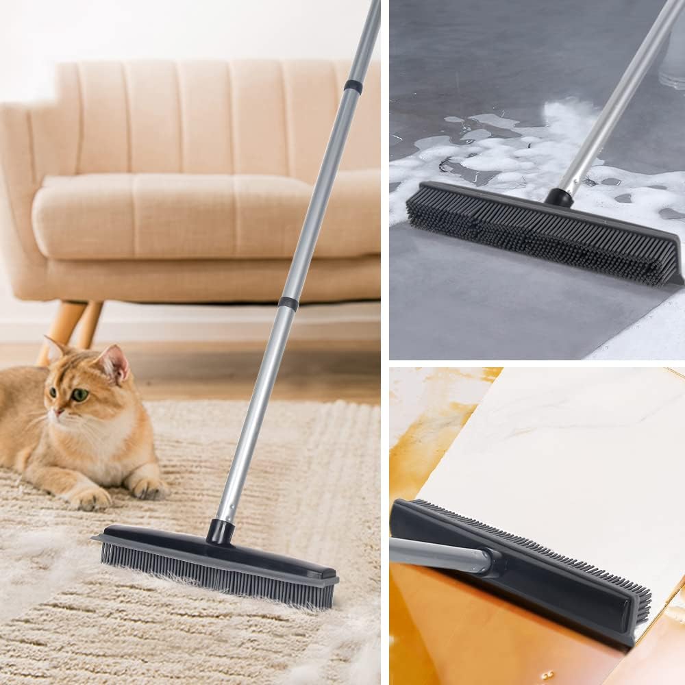 Rubber Broom with Squeegee Fur and Long Handle, Carpet Rake and Lint Brush Set for Pet Dog Cat Hair Removal Tool, Sweeping Rug Brush Indoor Outdoor,Push Broom for Soft Carpet,Tile,Wooden Floor