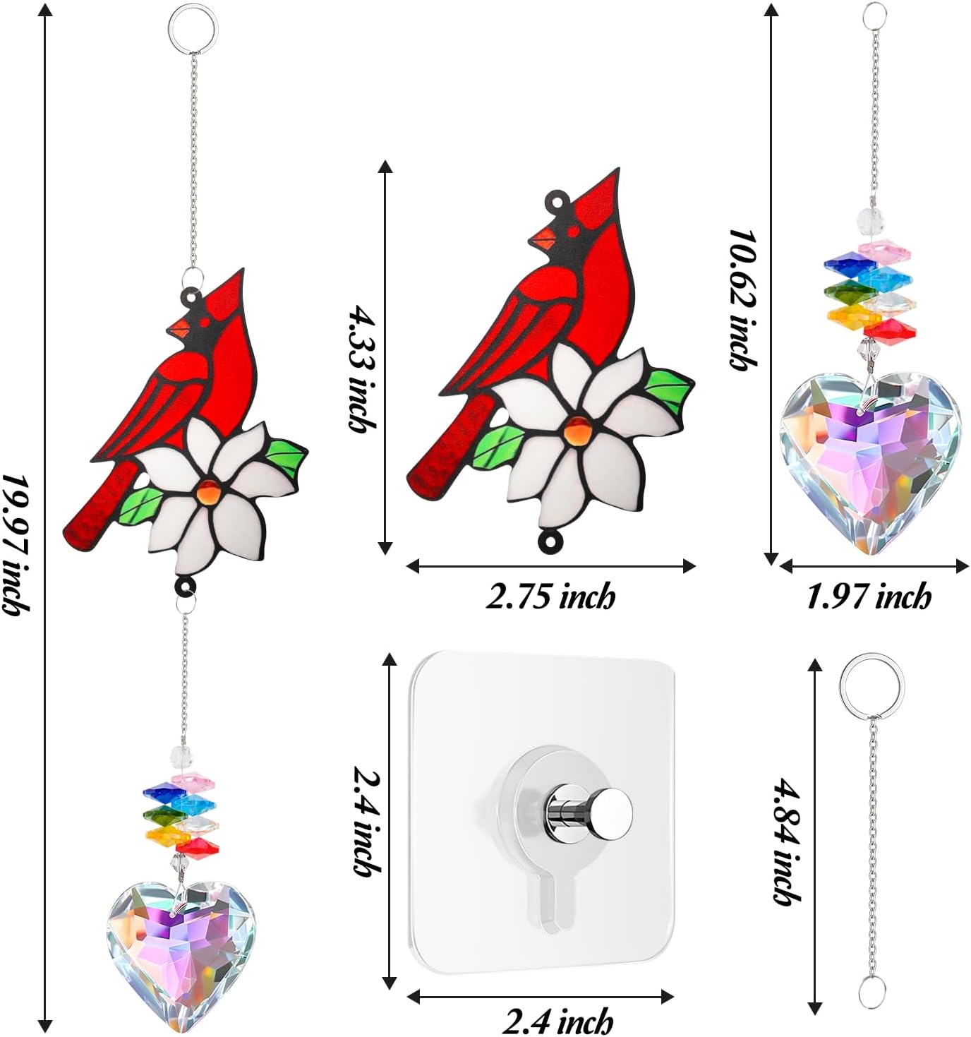 Red Cardinal Bird Window Sun Catcher – Valentines Day Handmade Bird Lover Window Hanging Décor with Suction Cups for Home & Garden - Memorial Cardinal Gifts for Women, Mom,Grandma (A)
