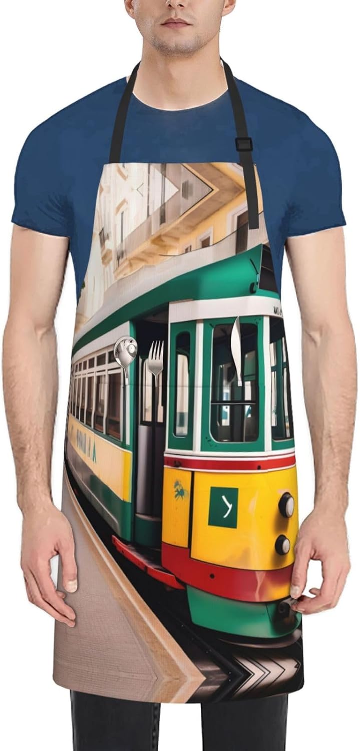 lisbon tram pattern Print Laundry apron 28x33 In Waterproof Kitchen Apron with Pockets for Cooking Baking
