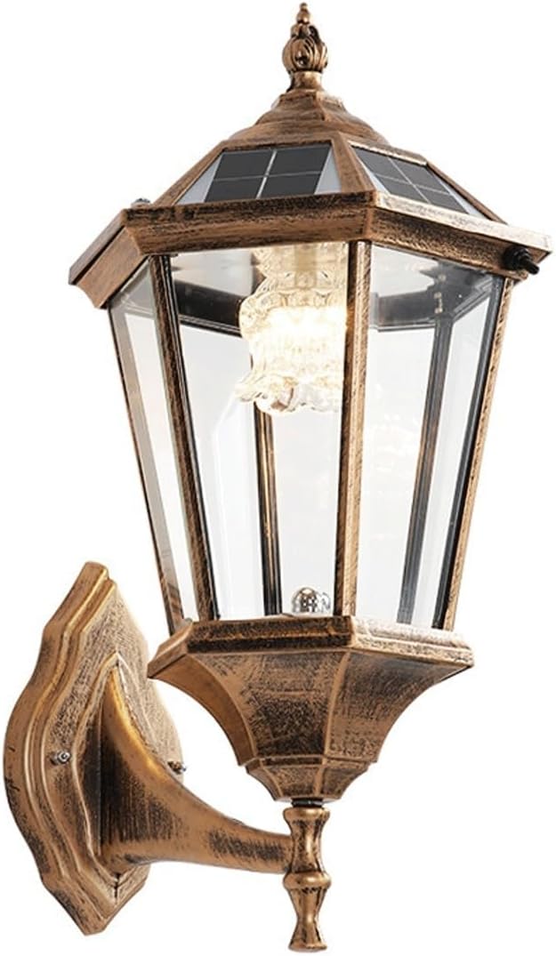 Outdoor Solar Wall Light, LED Die-cast Aluminum Sconce, European Lantern with Glass, Dusk to Dawn Sensor, Waterproof Fixture for Porch Garden Entryway Balcony Villa Cottage