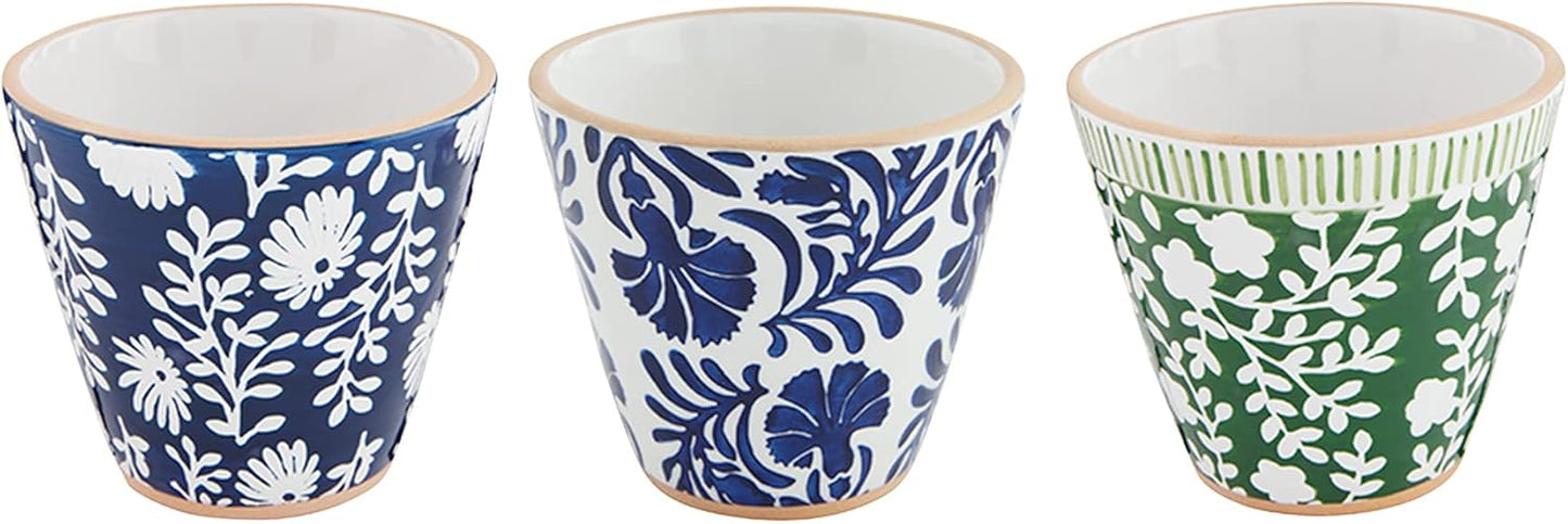 Mud Pie Indigo Small Pot, Green Floral, 4" H x 4.5" dia