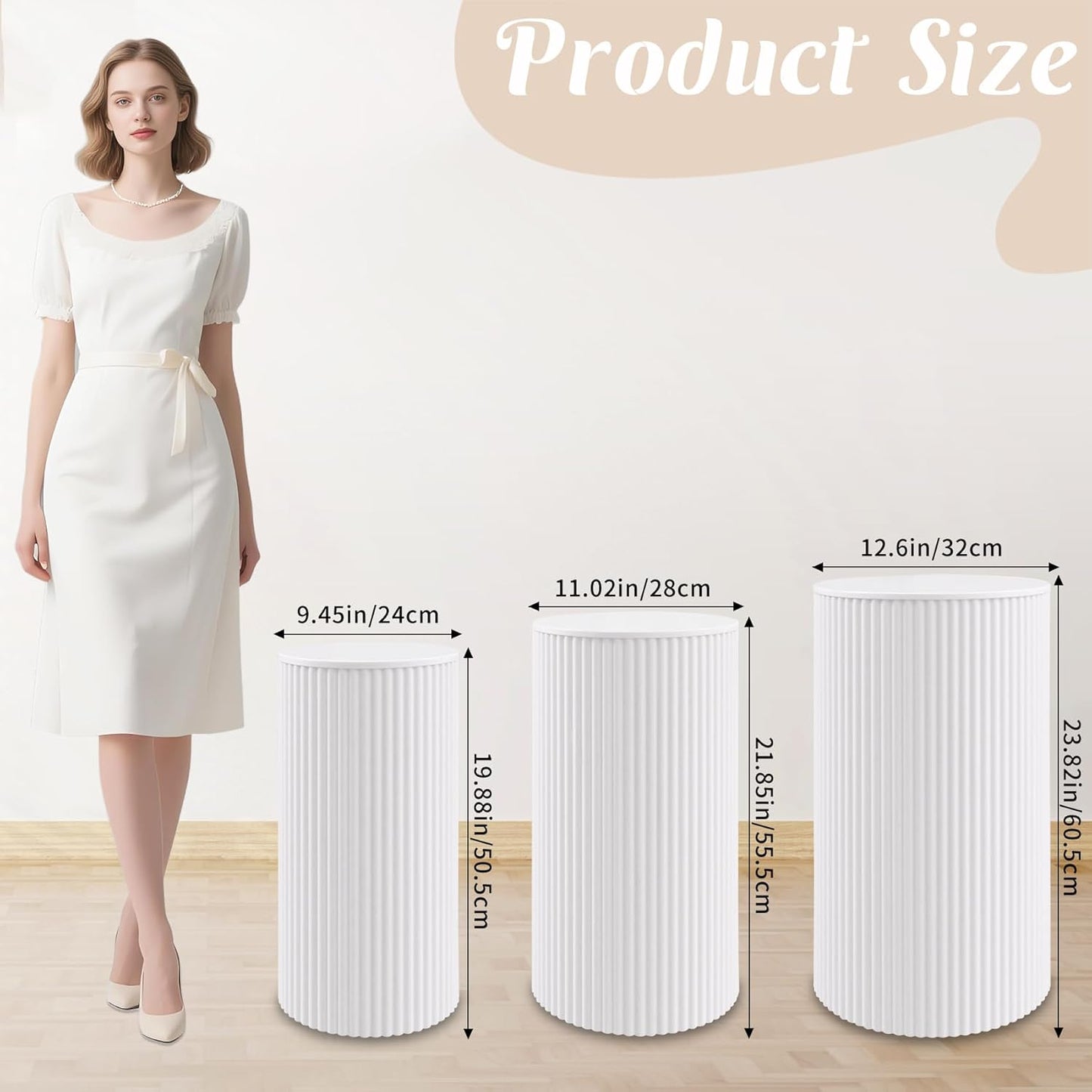 Metal Pleated Cylinder Pedestal Stands for Party, 3 Pieces Heavy Duty Round Cake Pedestal Stand Display Plinth Pillars Art Decor for Wedding Ceremony Birthday Party（Small, White）