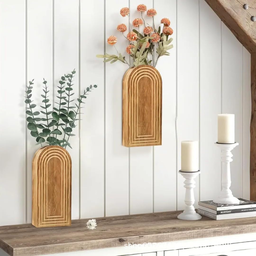 2 Pack Arched Wooden Wall Vases, Boho Wall Mounted Flower Vases with Ripple Texture, Modern Farmhouse Wall Decor for Dried Flowers, Greenery, Bathroom, Bedroom, Living Room (Natural Wood)