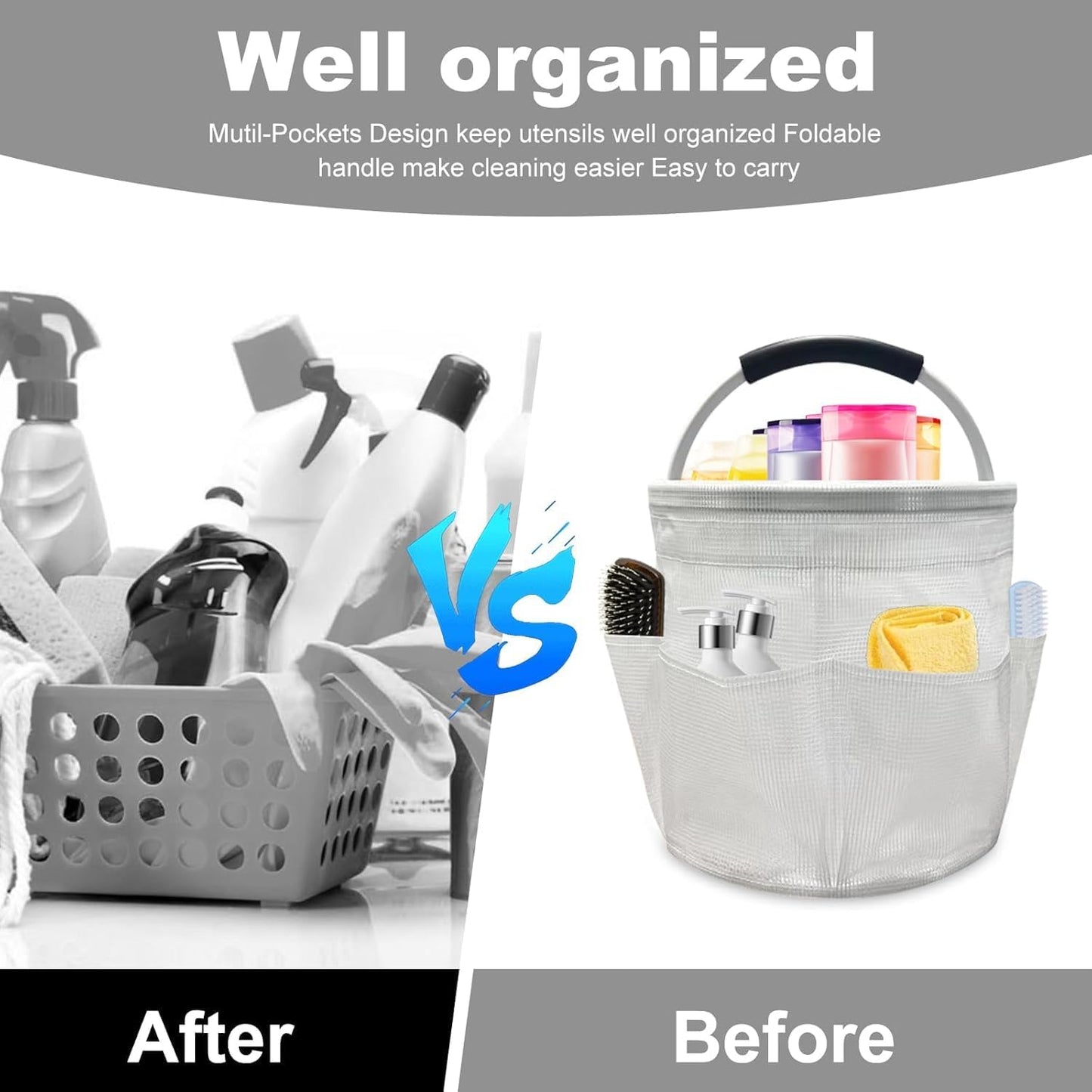 17L Foldable Storage Caddy Basket with Aluminum Handle, 6 Side Pockets, EVA Foam Grip, Multi-Purpose Organizer for Cleaning, Garden, Car, PVC Material