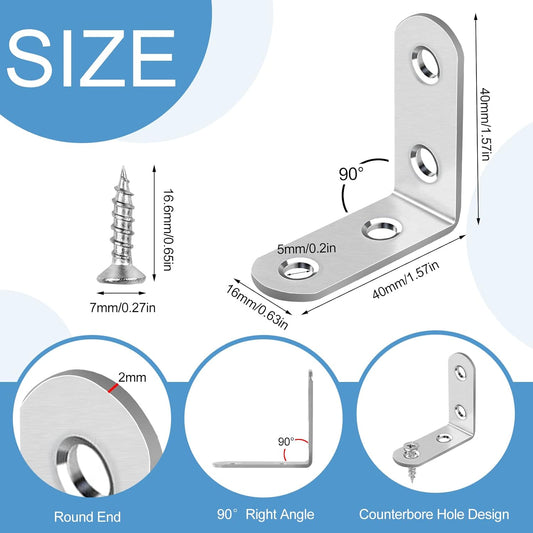 16 Pcs L Bracket Stainless Steel Corner Brace Sets, 90 Degree Right Angle Brackets with 64 Pcs Screws, L Bracket Firmware for Wooden Shelves, Chairs, Tables, Dressers, Furniture (Silver)