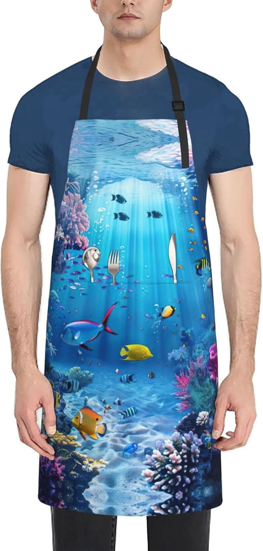 Colorful Ocean Theme print Waterproof chef's apron with pocket apron for kitchen cooking baking barbecue and gardening