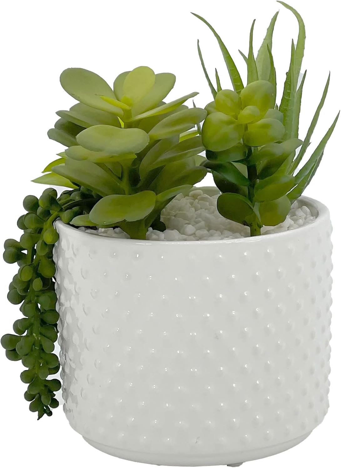 Galt International Faux Assorted Succulent Arrangement in White Dimpled Ceramic Porcelain Pot Planter 7.87" Tall | Home Decor Living Room Kitchen Washroom Restroom Office Plant