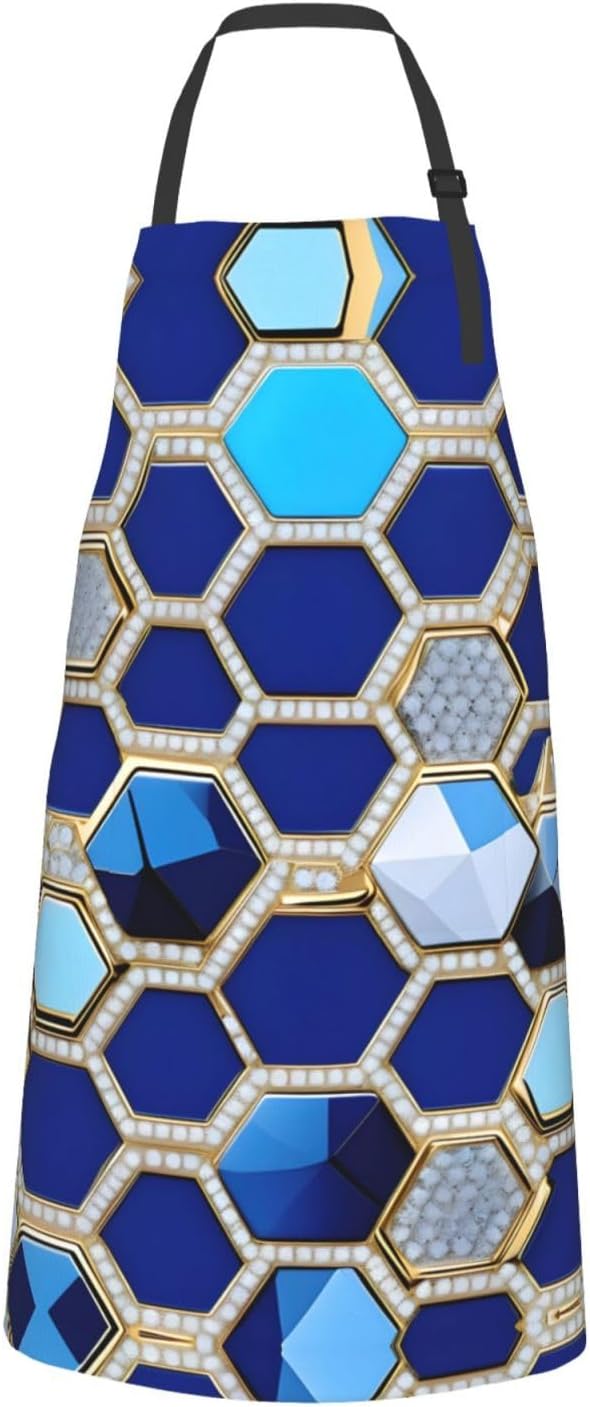 Blue Hexagons and Diamond Print Laundry apron 28x33 In Waterproof Kitchen Apron with Pockets for Cooking Baking