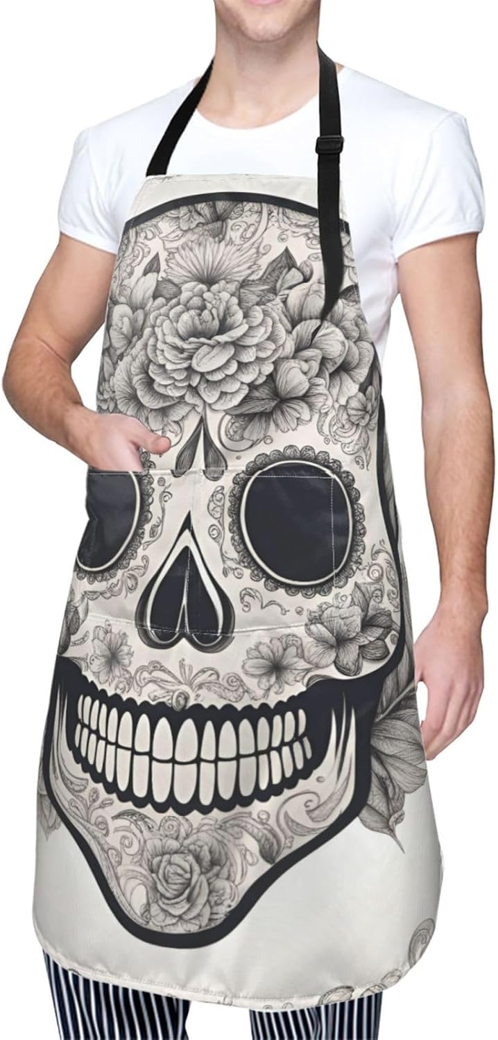 YANYU Mexican Skull Print 28x33 In Kitchen Apron Stylish Chef Apron with Pockets for Cooking Baking Painting