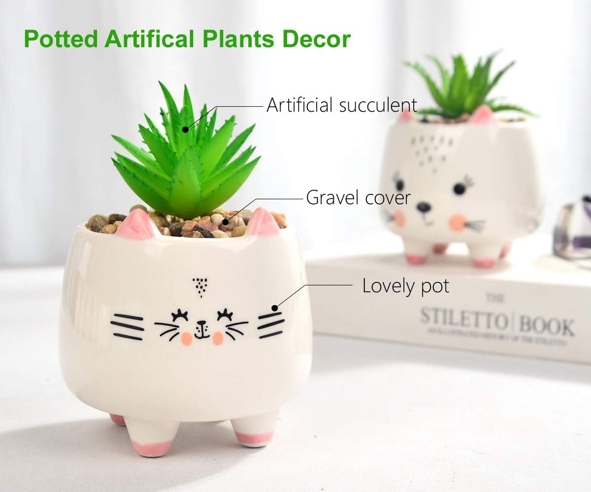 B SEPOR 3 Little Kitty Cats Small Artificial Succulents Potted with White Porcelain Pots Ceramic Animal Planter Gift Set for Home and Office Decor