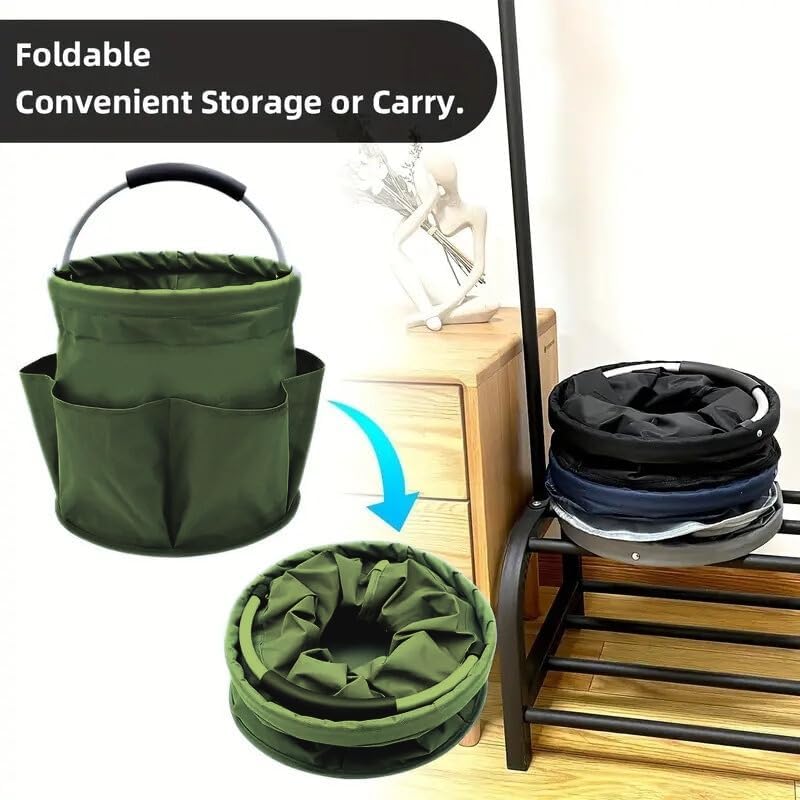 Collapsible Garden Tool & Cleaning Caddy – 12-Pocket Fold-Flat Canvas Bucket | Heavy-Duty 600D Oxford, Padded Handle | Picnic, Camping, RV, Home Storage Basket for Gardeners & Families – Green