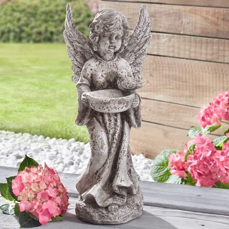 Resin Small Angel Birdfeeder Statuary with Bird Decor,Distressed Bird Feeder Stand for Indoor Outdoor