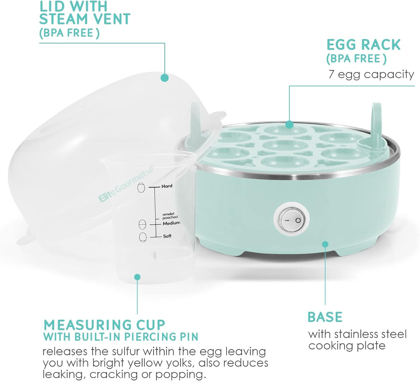 Elite Gourmet EGC115M Easy Egg Cooker Electric 7-Egg Capacity, Soft, M