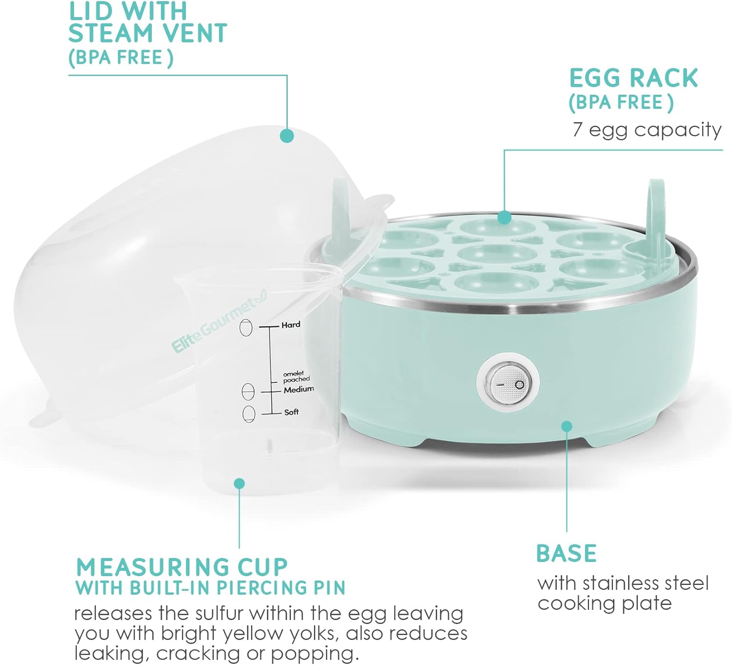 Elite Gourmet EGC115M Easy Egg Cooker Electric 7-Egg Capacity, Soft, M