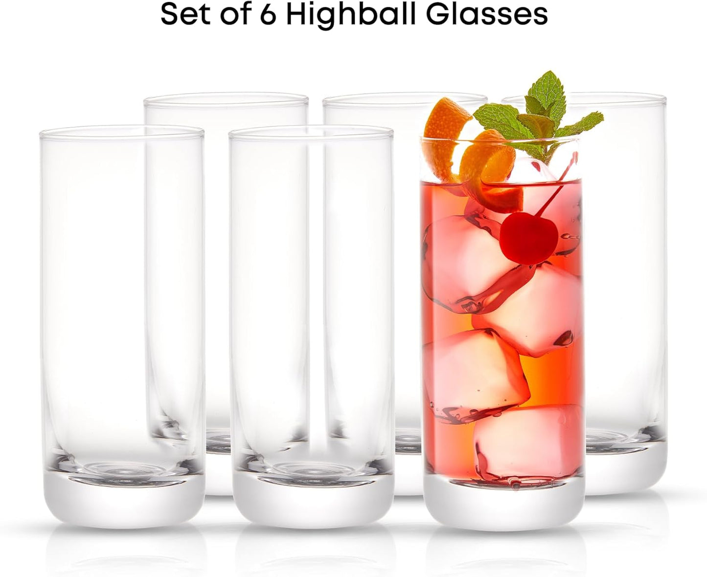 JoyJolt Faye 13oz Highball Glasses, 6pc Tall Glass Sets. Lead-Free Cry