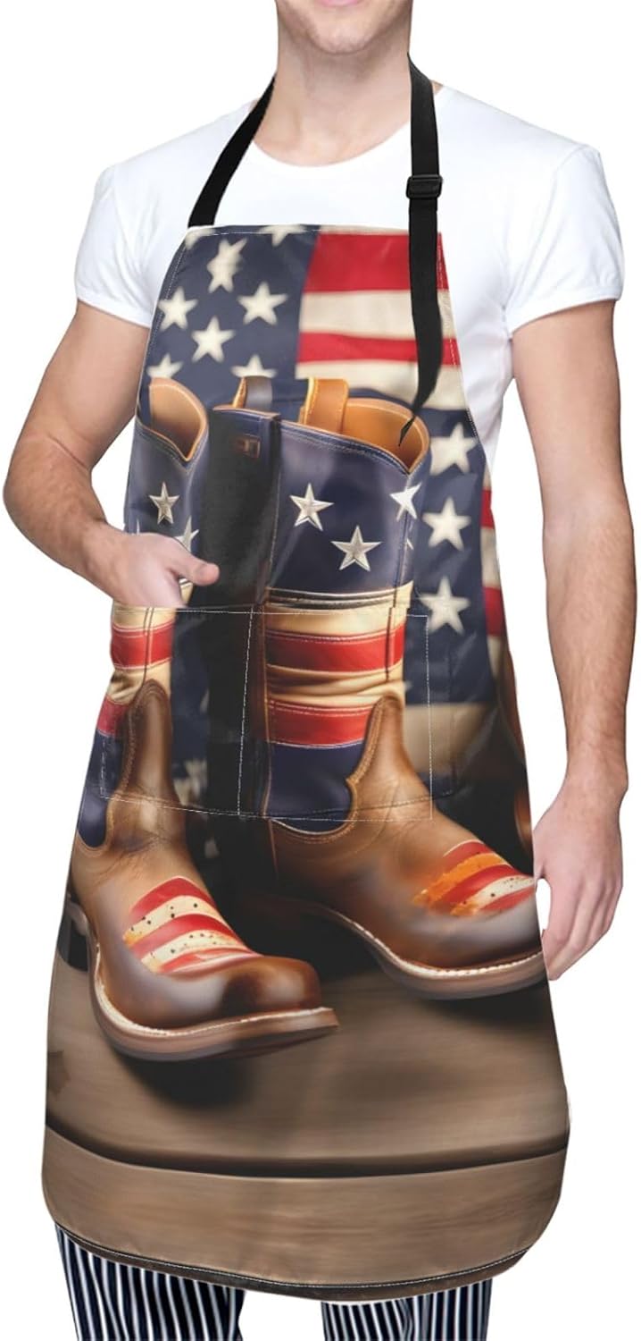 American Flag with Cowboy Boots Print Laundry apron 28x33 In Waterproof Kitchen Apron with Pockets for Cooking Baking