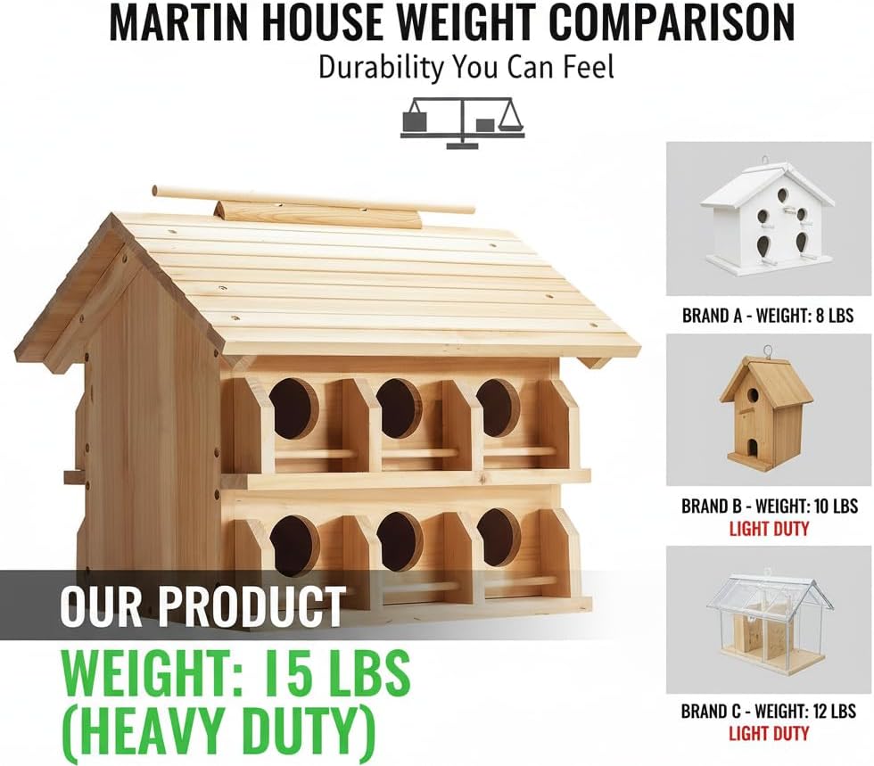 Purple Martin House Starling Birdhouse for Outside with 12 Rooms for Outside,Solid Cedar Wood Bird House for Garden, Pole Mountable Birdhouse, Metal Braket Included, Assembling Needed