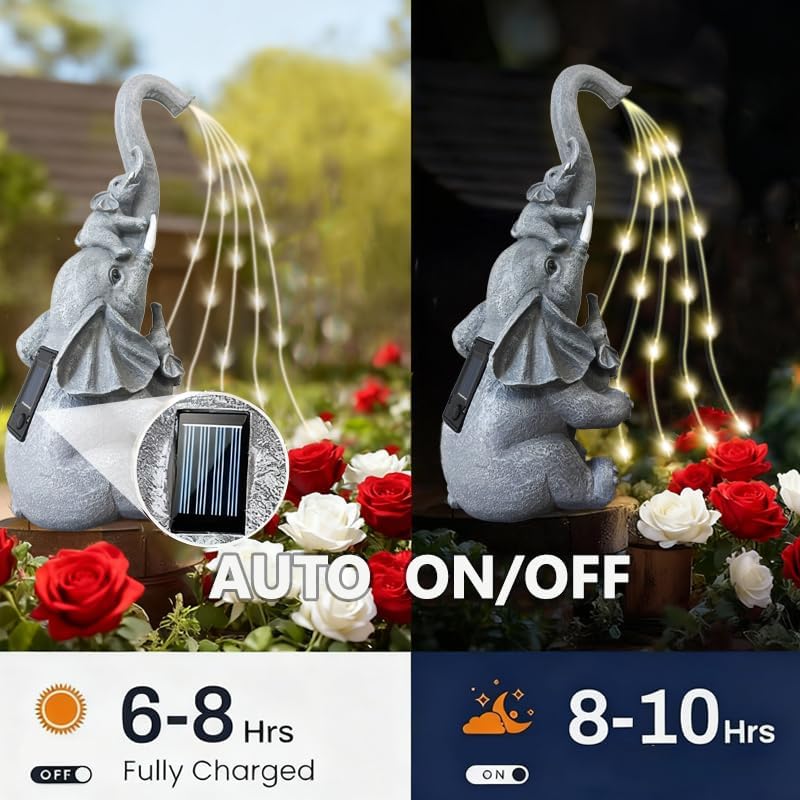 Outdoor Garden Solar Lights Statues - Watering Elephant, Garden Decor Elephant Statue with LED Light, Lawn Decor for Patio, Balcony, Garden, Yard, Lawn, Chrismtas Birthday Gift for Mom Grandma
