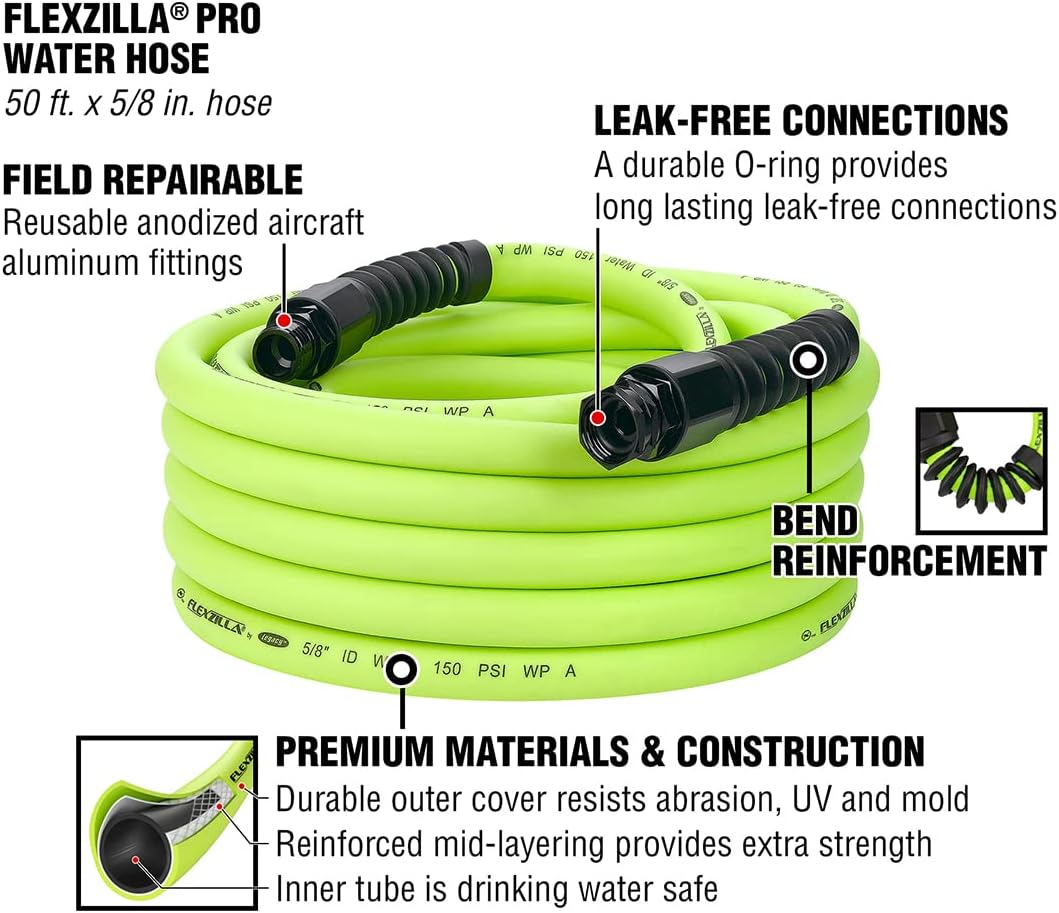 Flexzilla Pro Water Hose with Reusable Fittings, 5/8 in. x 50 ft., Hea