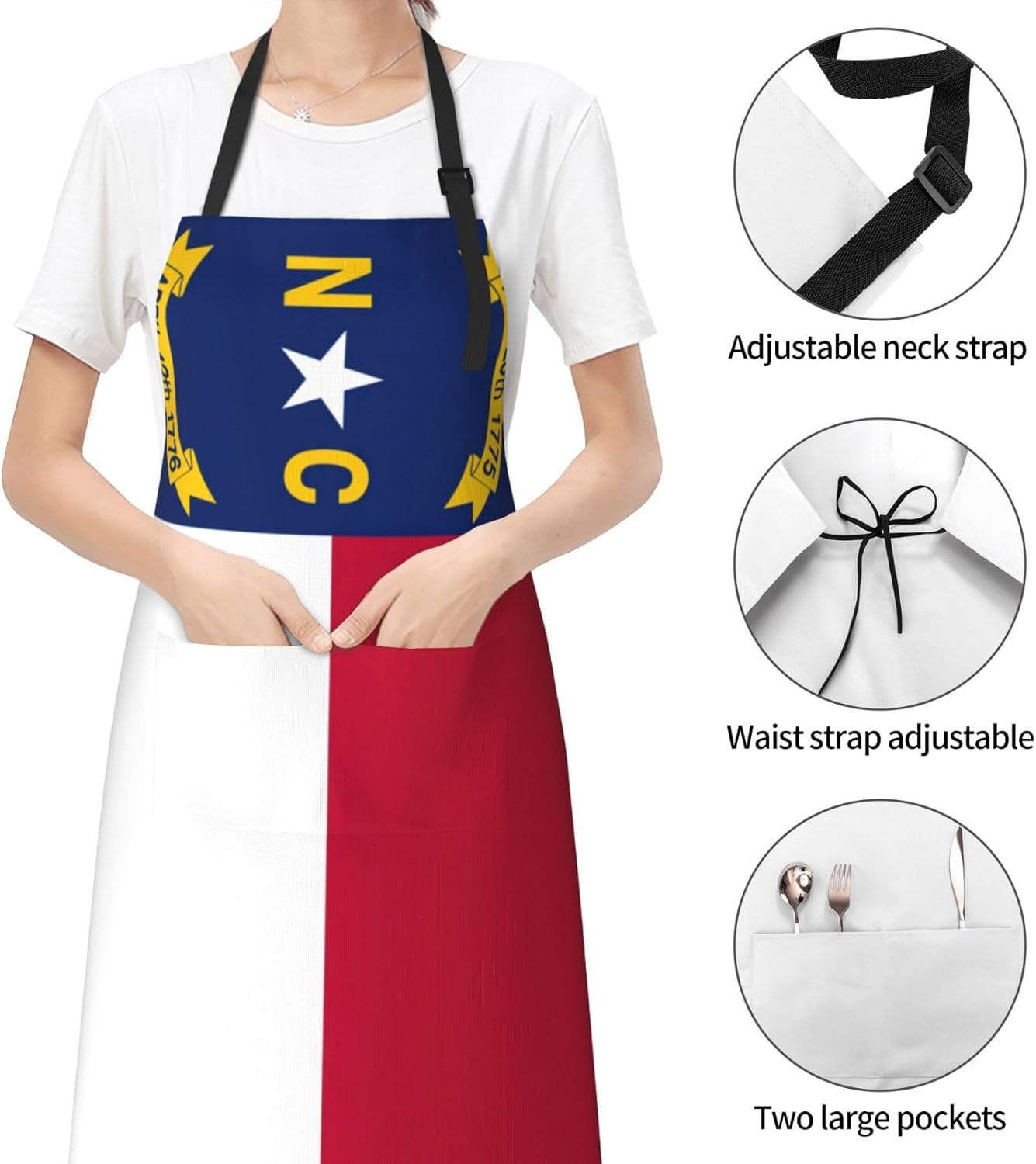 North Carolina state flag print Waterproof chef's apron with pocket apron for kitchen cooking baking barbecue and gardening