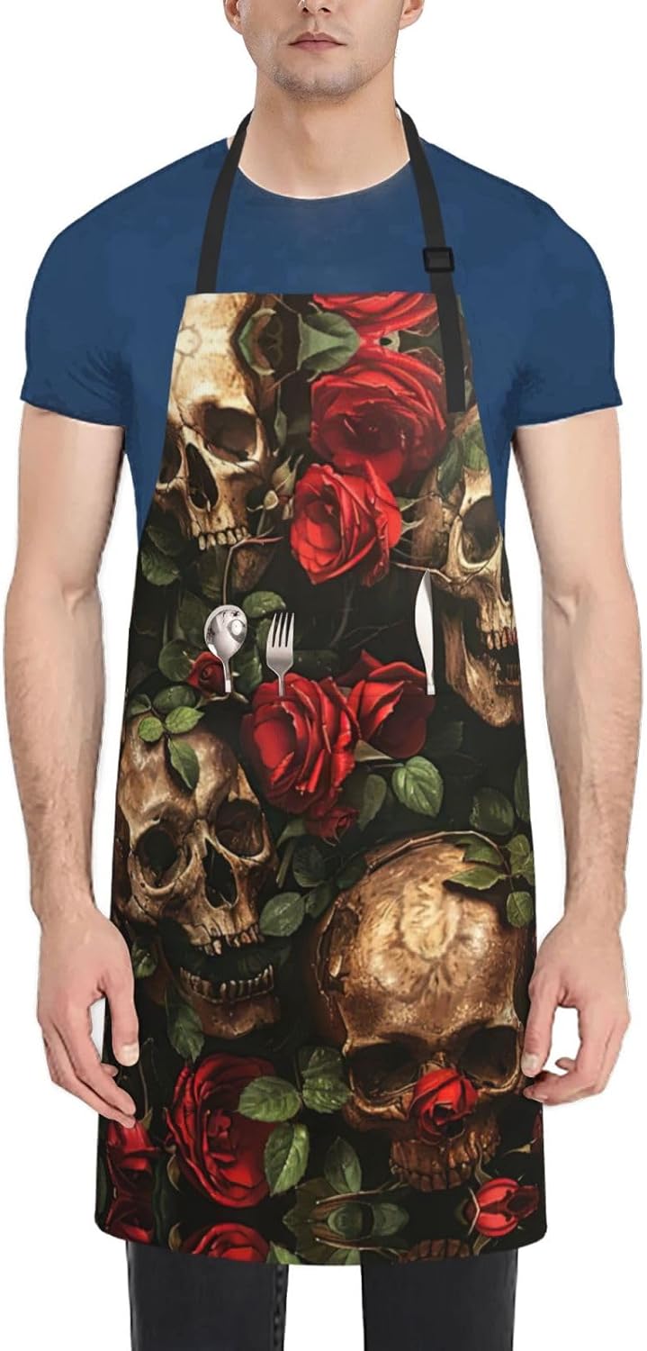 Skull and Red Rose print Waterproof chef's apron with pocket apron for kitchen cooking baking barbecue and gardening
