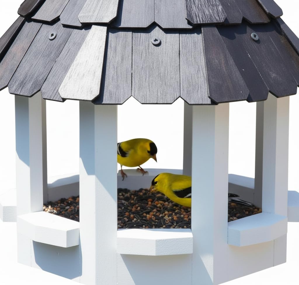 2026 XL Gazebo Bird Feeder for Outside Post, Water Proof Shingle Thick Metal Roof Bird House Birdfeeder for Post Mount, Flythrough Style Black 10 Lbs Capacity 15" x 15" x22" Without Post