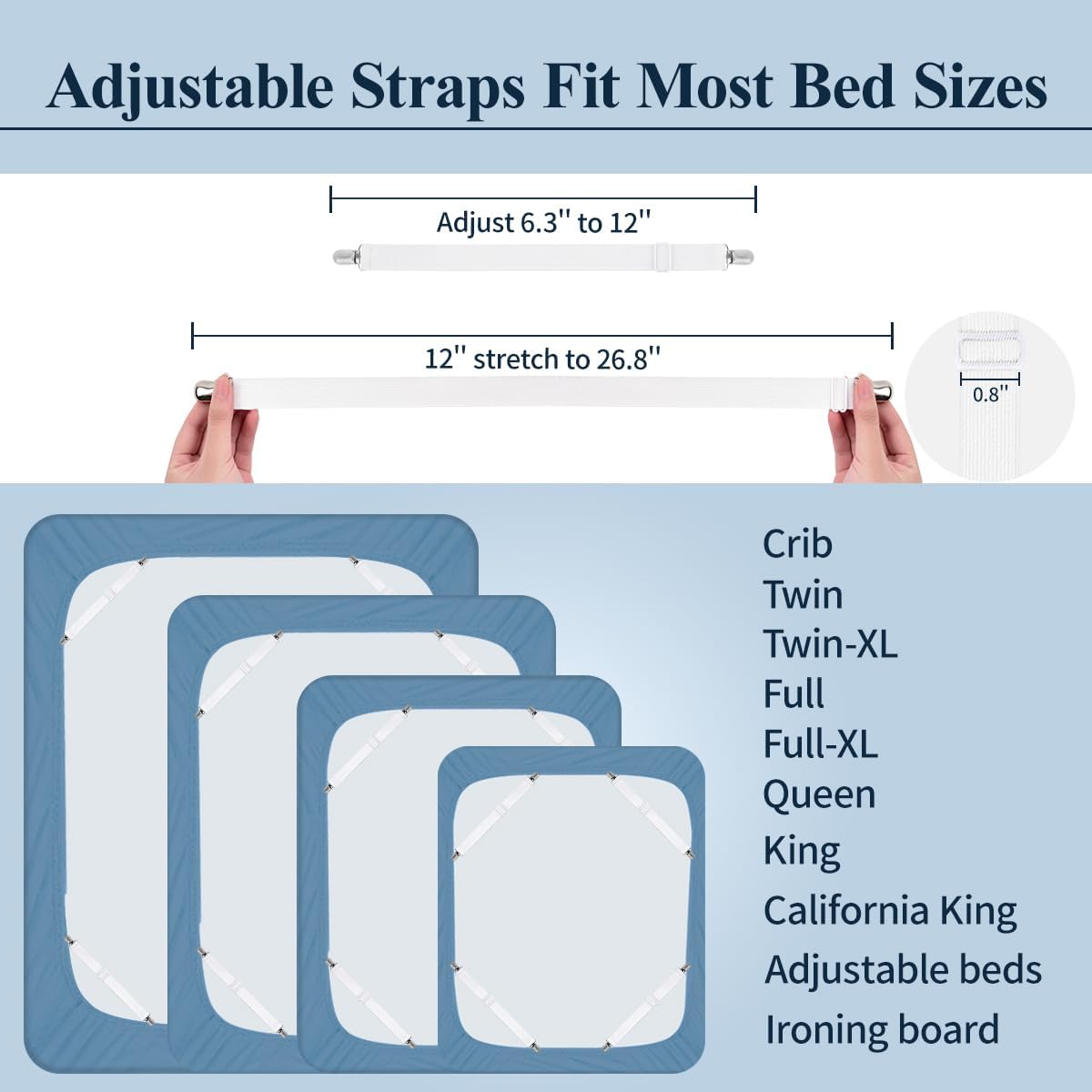 Bed Sheet Straps, Sopito Adjustable Elastic Fitted Sheet Corner Holders Straps to Stay in Place, Non-Slip Fasteners Clips Compatible for Crib to King Size Bed, White 4Pcs