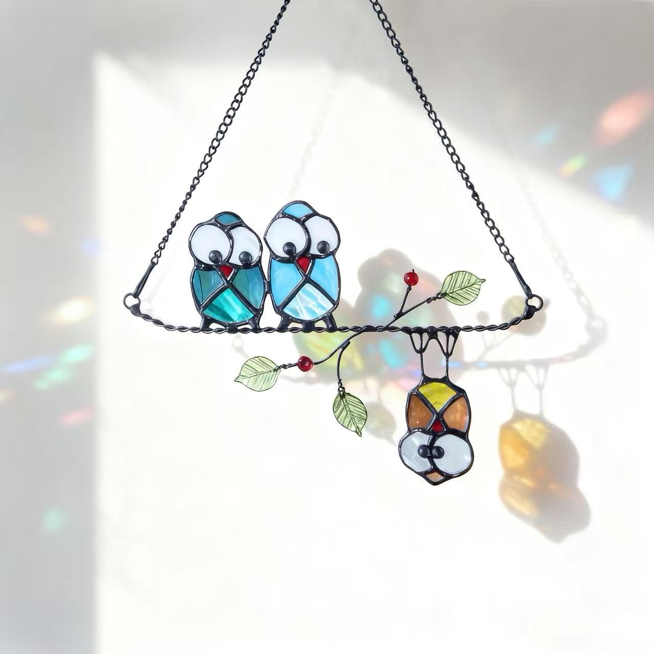 Stained Glass Birds,owl,Stained Glass Window Hanging,Multicolor Owls on The Living Tree with Green Leaf and red Berries,Bird suncatcher for Windows Room Home,Deco,Gift for Mom,and Bird Lovers.
