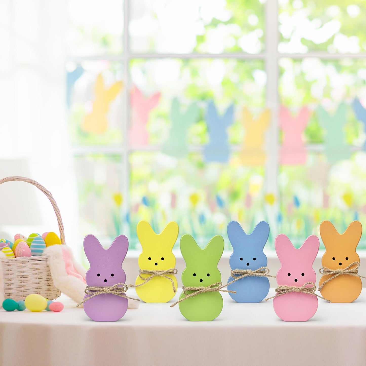 Easter Bunny Decorations for Home Table,6 PCS Spring Wooden Peeps Centerpiece Signs Decor with Hemp Rope for Indoor Office Tiered Tray,Easter Basket Stuffers Wood Gifts Stuff for Mantel Shelf Bathroom