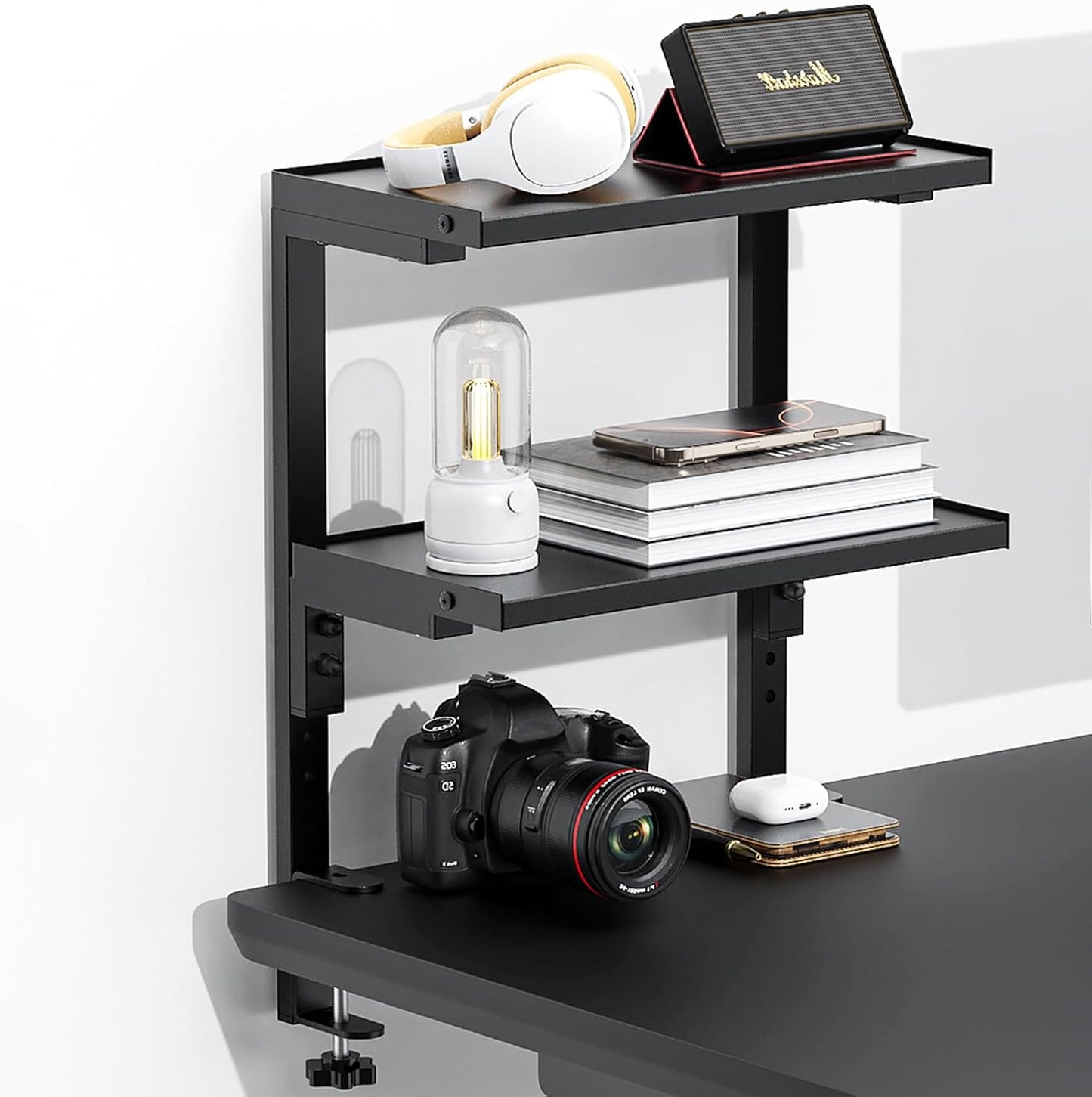 Spacrea clamp on Desk Shelf, 2 Tier Office Desk Shelves Organizer, Woo